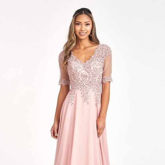 NEW LONG A-LINE CHIFFON EMBROIDERED DRESS WITH ZIPPER BACK & 3\4 SLEEVES GL1982